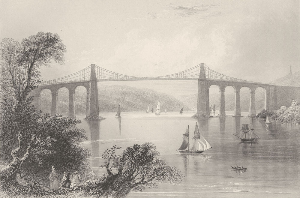 The Menai Bridge, Bangor, North Wales. BARTLETT 1842 old antique print picture